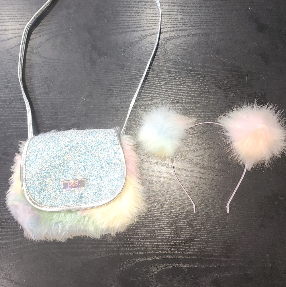 Fuzzy purse and matching headband headband.